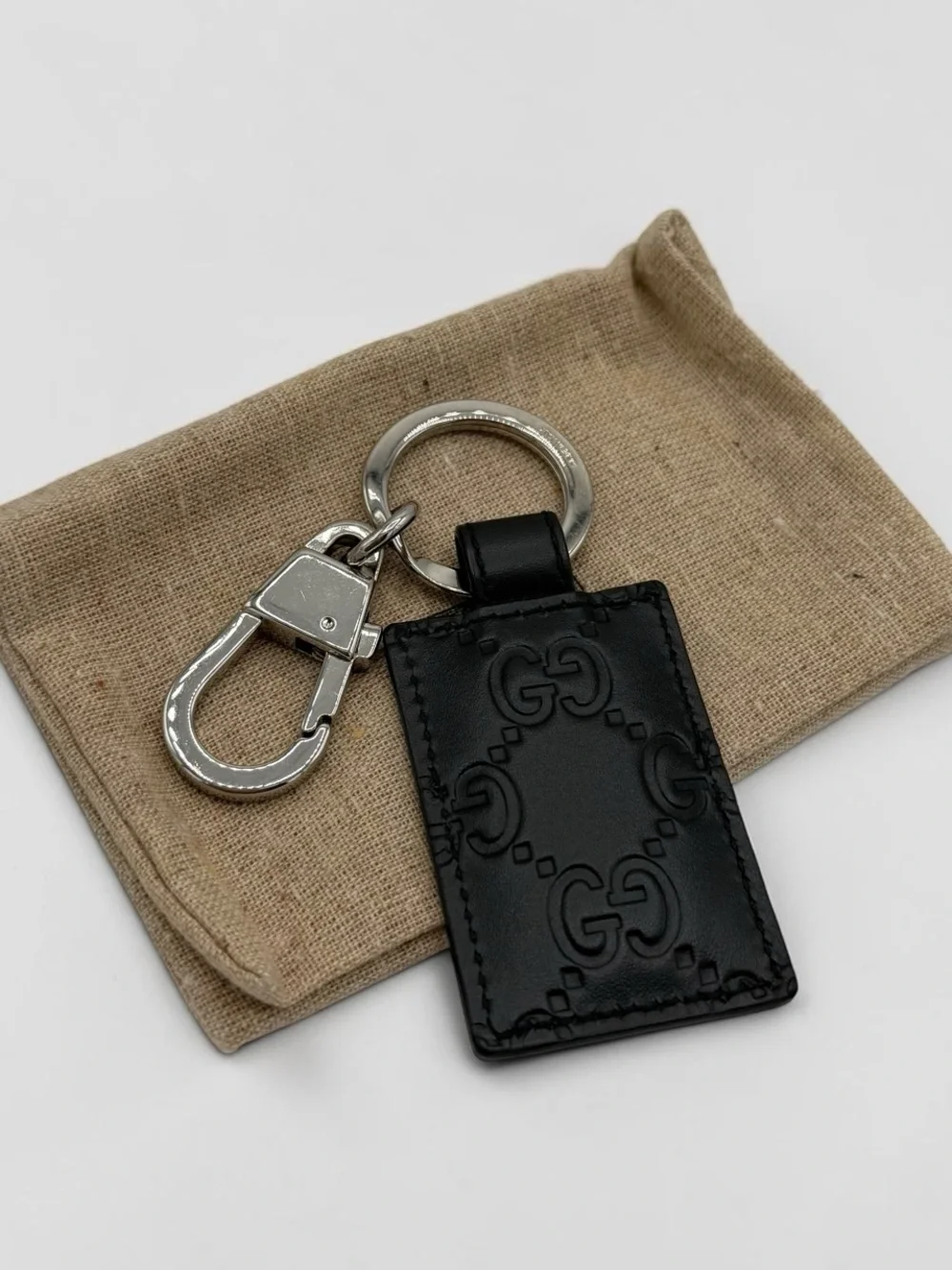 Gucci Black Leather GG Embossed Key & Card Holder with Silver Hardware